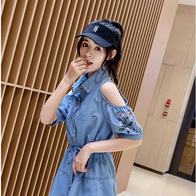 ĐẦM JEAN CỔ SƠ MI KHOÉT VAI THÊU HOA - NJ221